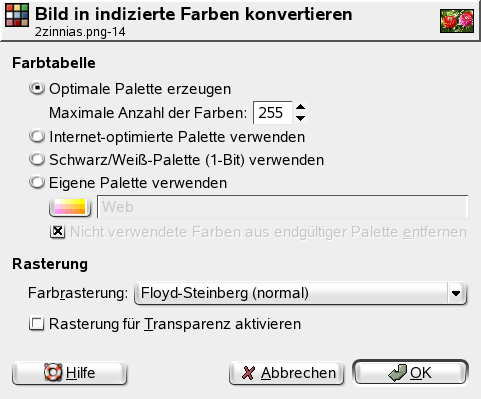 Das Dialogfensters Bild in indizierte Farben konvertieren